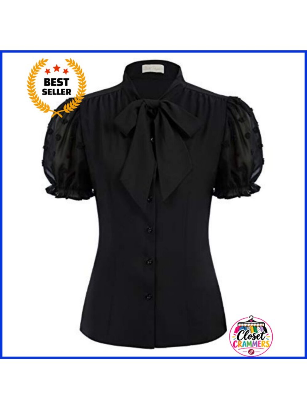 Mesh Puff Sleeve Bow Tie Neck Blouse Swiss Dot Short Sleeve Work Top